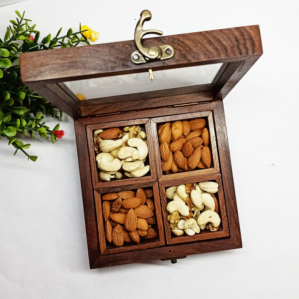 Handcrafted Wooden Dry Fruit Box with Glass Cover - Root Woot