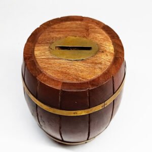 Wooden & Brass Barrel Money Box Coin Saving Box Piggy Bank